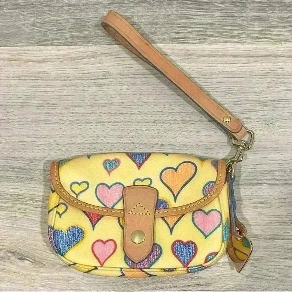Dooney & Bourke Small Yellow Designer Leather Hearts Wristlet Wallet/Purse - Picture 1 of 9